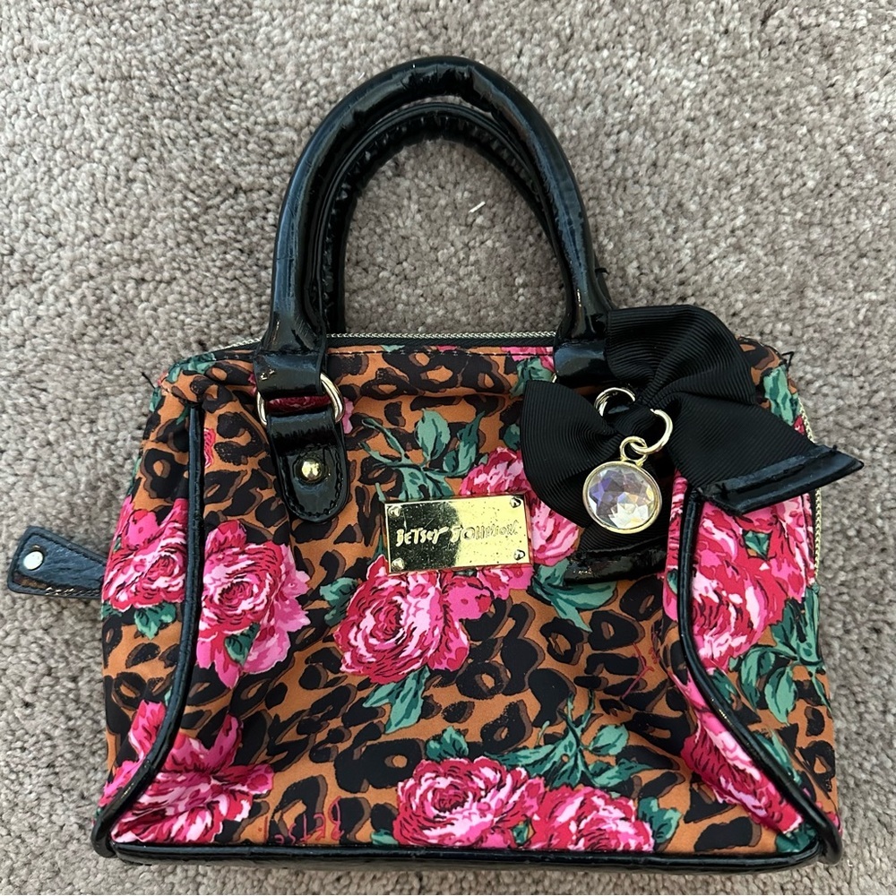 Betsey Johnson Leopard Floral Mini Satchel Bag Y2K Bow Charm Top Handle Purse - Picture 2 of 8
